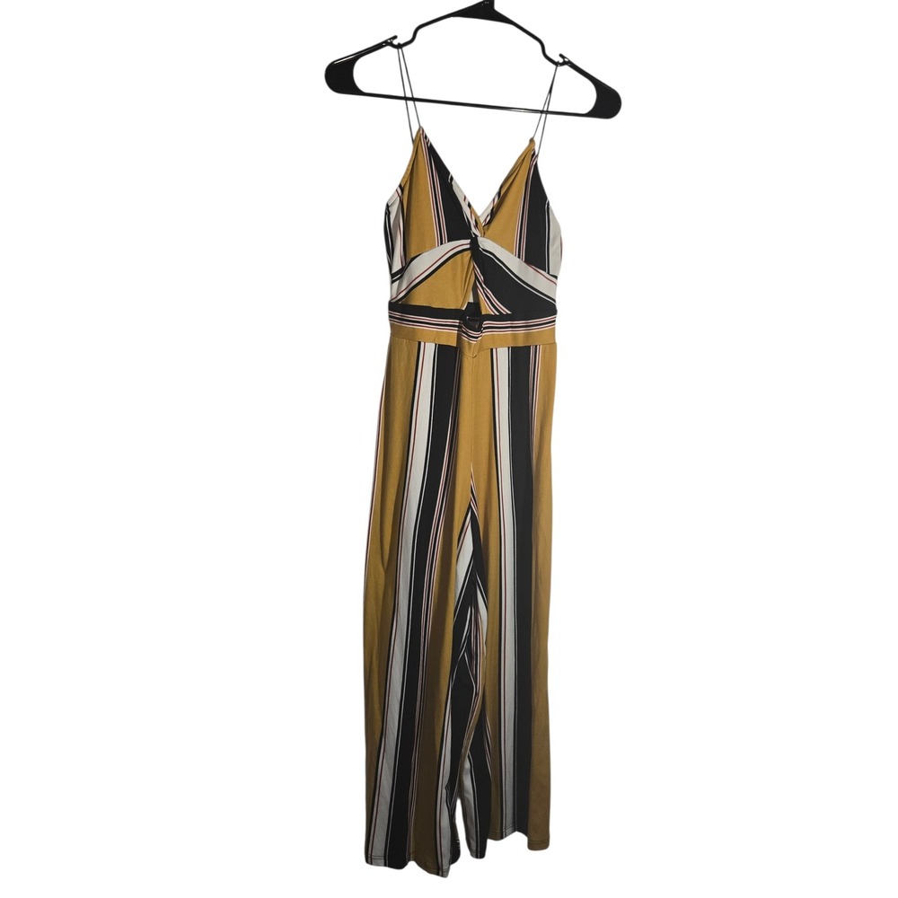 Polly & Esther Women Mustard Yellow Black Striped Twist Front Cutout Jumpsuit